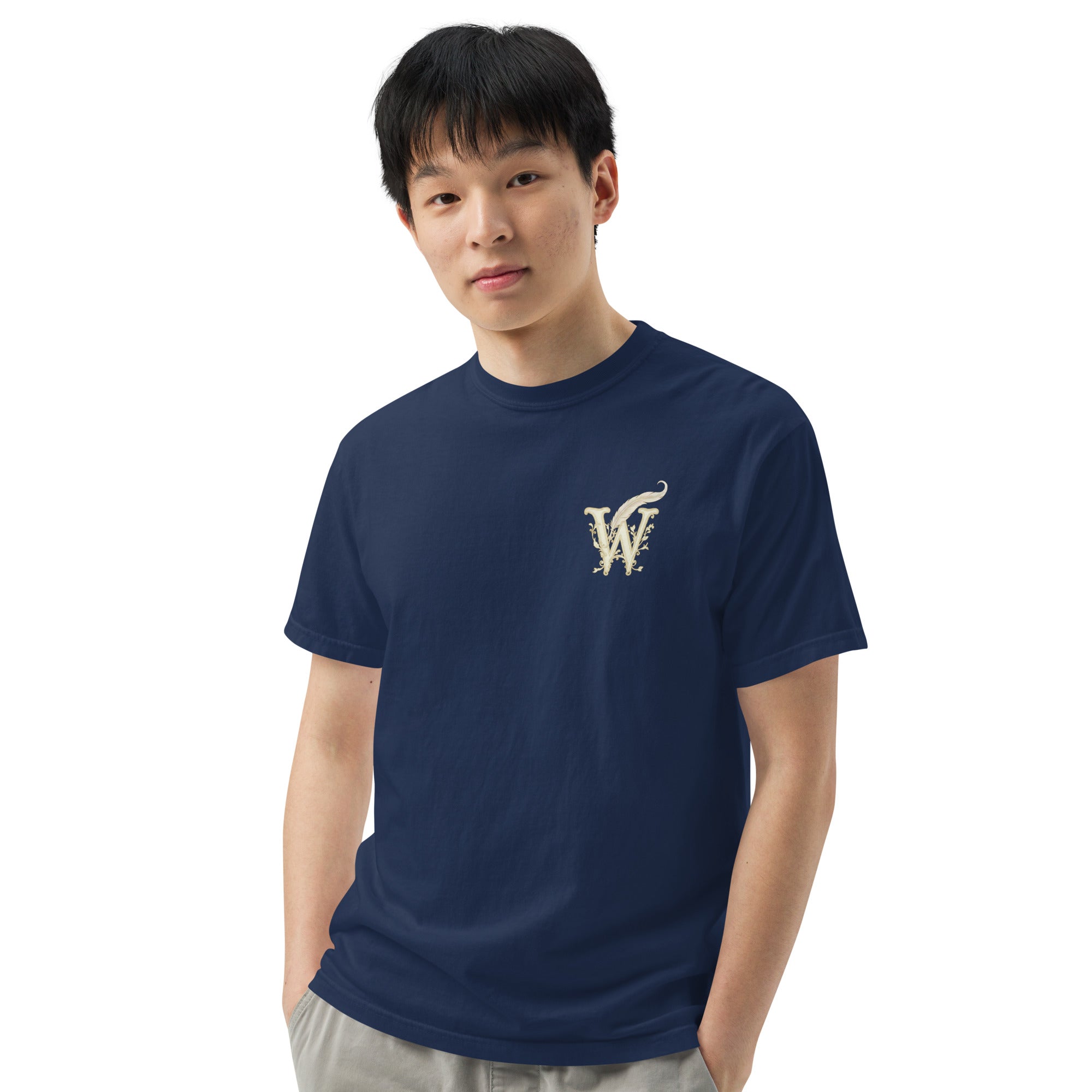 Literary premium unisex t-shirt with Wordwhispers logo on front in True Navy