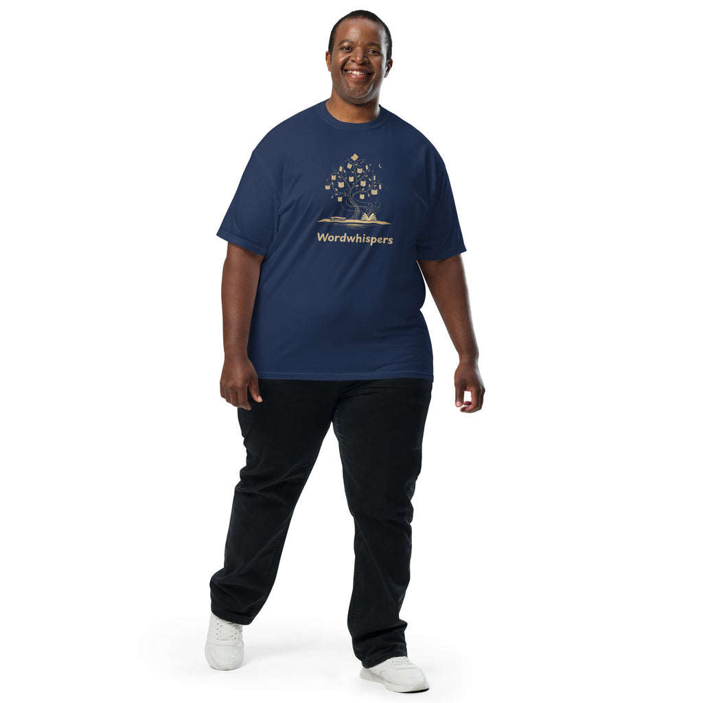Literary heavyweight unisex t-shirt with Enchanted Tree Glowing Books design in True Navy
