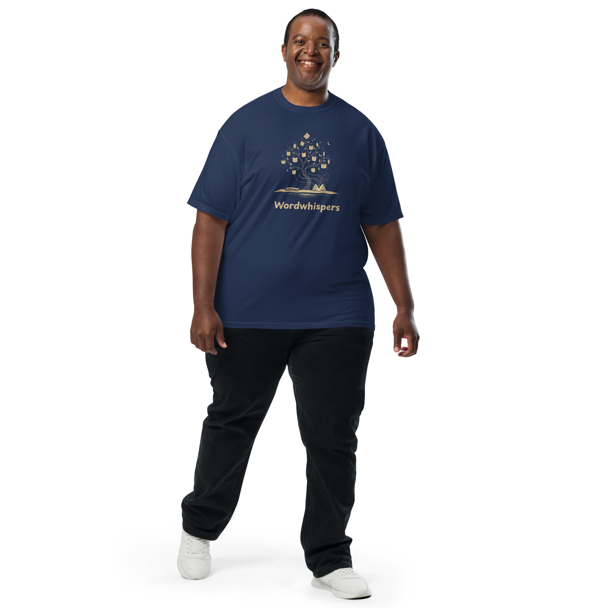 Literary heavyweight unisex t-shirt with Enchanted Tree Glowing Books design in True Navy
