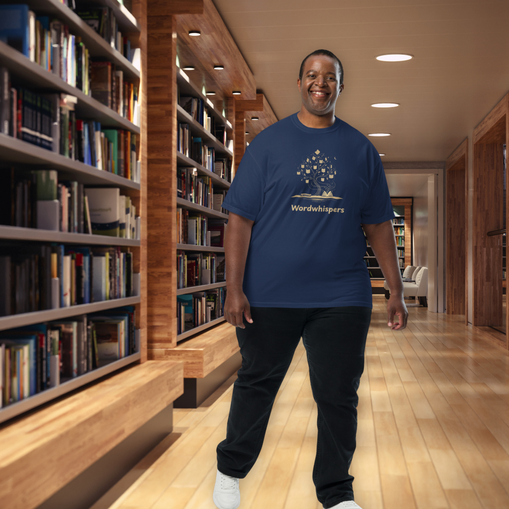 Literary heavyweight unisex t-shirt with Enchanted Tree Glowing Books design in True Navy