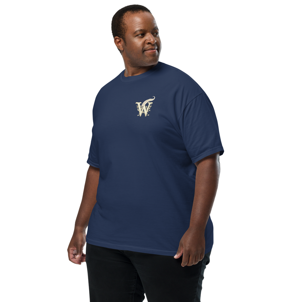 extended size Front of Wordwhispers book lover T-shirt with a decorative W monogram on the left chest in true navy
