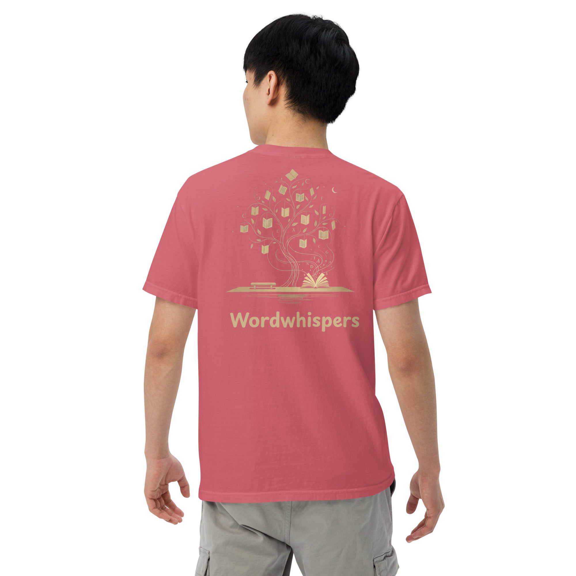  Literary premium unisex t-shirt with Enchanted Tree Glowing Books back design in Watermelon