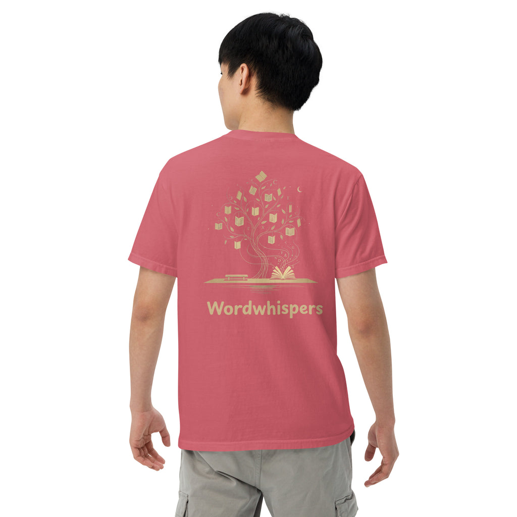 Back of Wordwhispers book lover T-shirt featuring an enchanted tree in watermelon