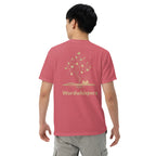Back of Wordwhispers book lover T-shirt featuring an enchanted tree in watermelon