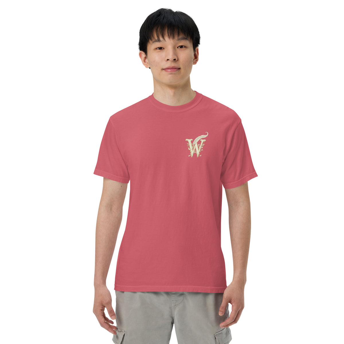 Front of Wordwhispers book lover T-shirt with a decorative W monogram on the left chest in watermelon