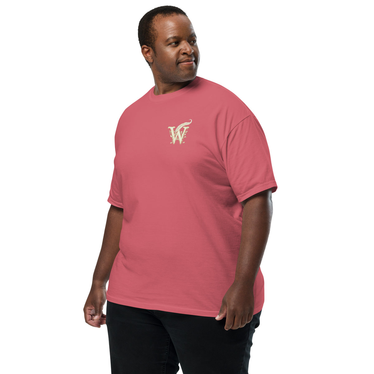 Extended size Front of Wordwhispers book lover T-shirt with a decorative W monogram on the left chest in watermelon