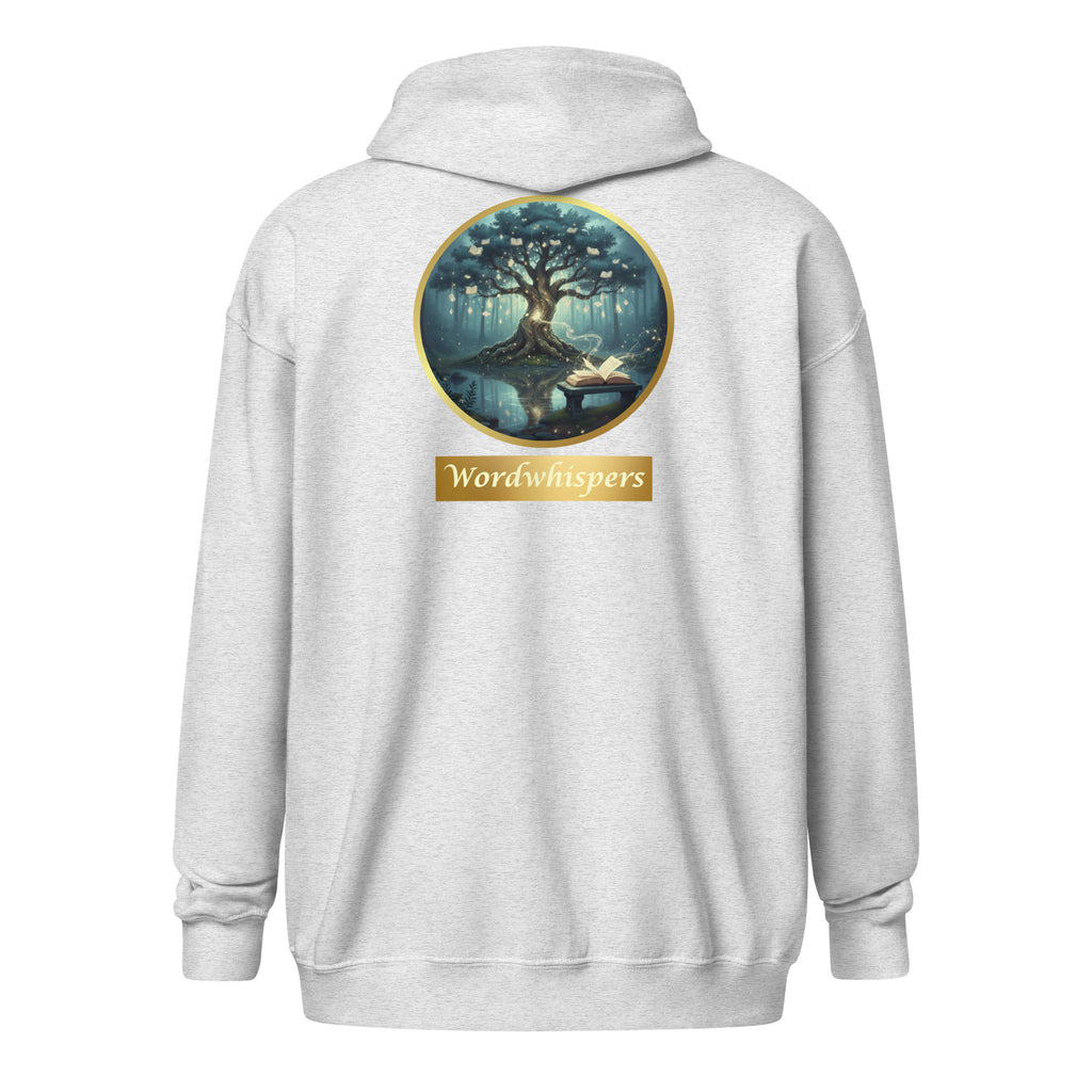 Mystical Tree unisex literary zip hoodie — soft fleece with Mystical Tree design and full zip closure — ash, back view