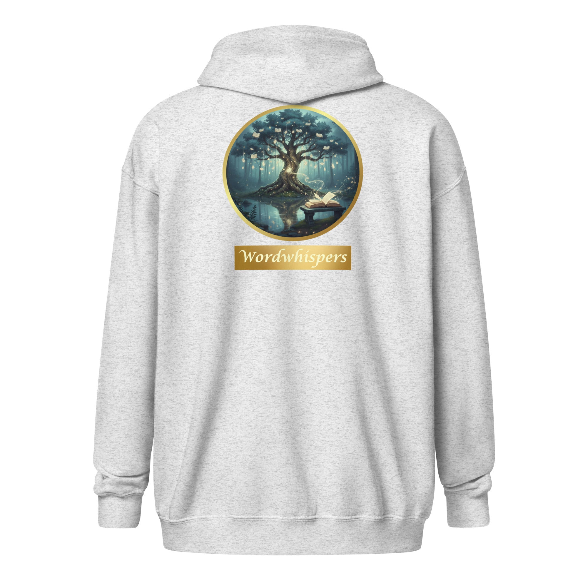 Mystical Tree unisex literary zip hoodie — soft fleece with Mystical Tree design and full zip closure — ash, back view
