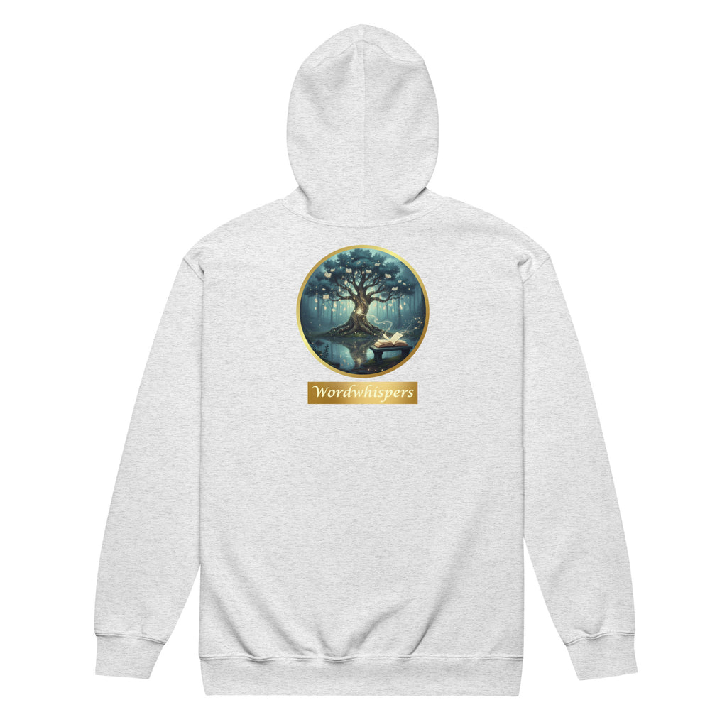  Back view of the Mystical Tree Zip Hoodie with circular tree and open-book artwork in ash