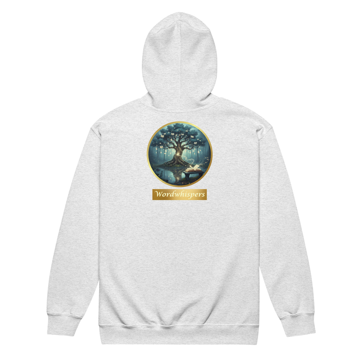  Back view of the Mystical Tree Zip Hoodie with circular tree and open-book artwork in ash