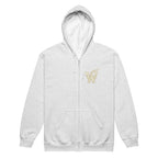 Front view of the Mystical Tree Zip Hoodie with a decorative W and quill emblem on the left chest in ash