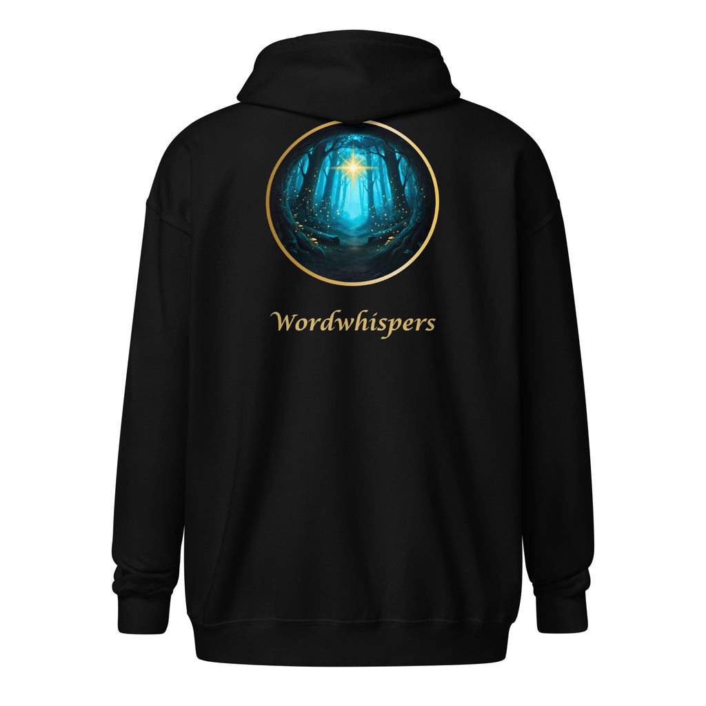 Glimmer of Light Zip Hoodie — unisex literary apparel by Wordwhispers, showing back with Glimmer emblem in black