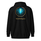 Glimmer of Light Zip Hoodie — unisex literary apparel by Wordwhispers, showing back with Glimmer emblem in black