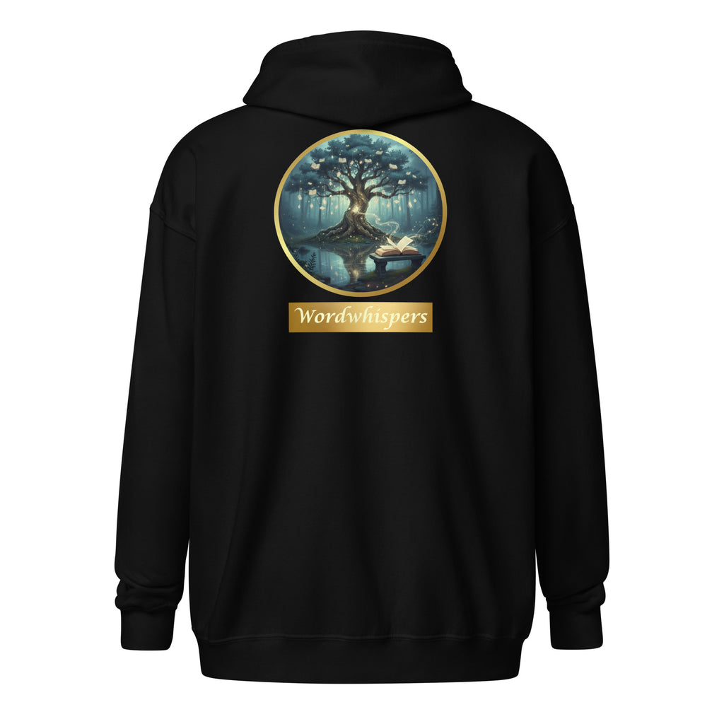 Mystical Tree unisex literary zip hoodie — soft fleece with Mystical Tree design and full zip closure — black, back view