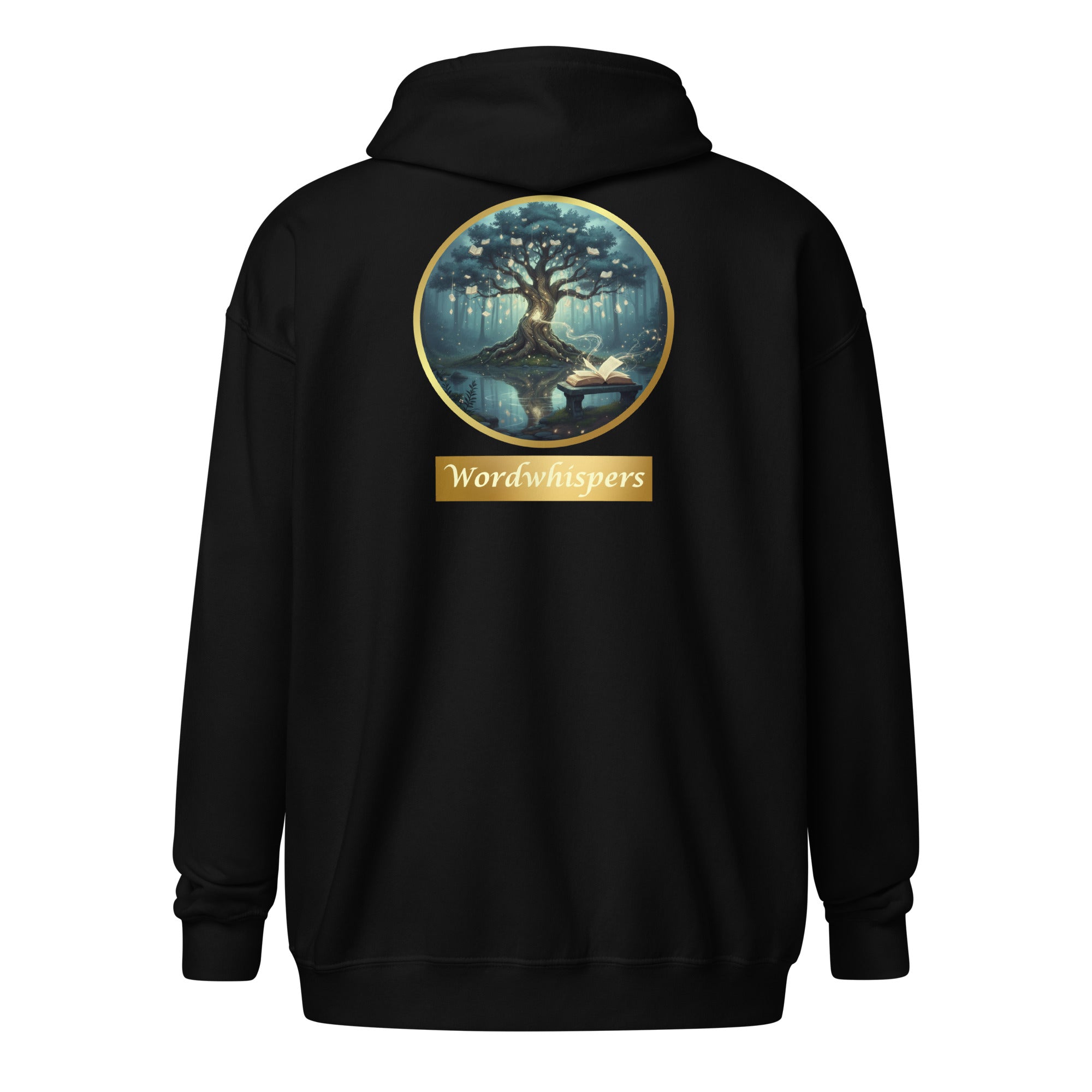 Mystical Tree unisex literary zip hoodie — soft fleece with Mystical Tree design and full zip closure — black, back view