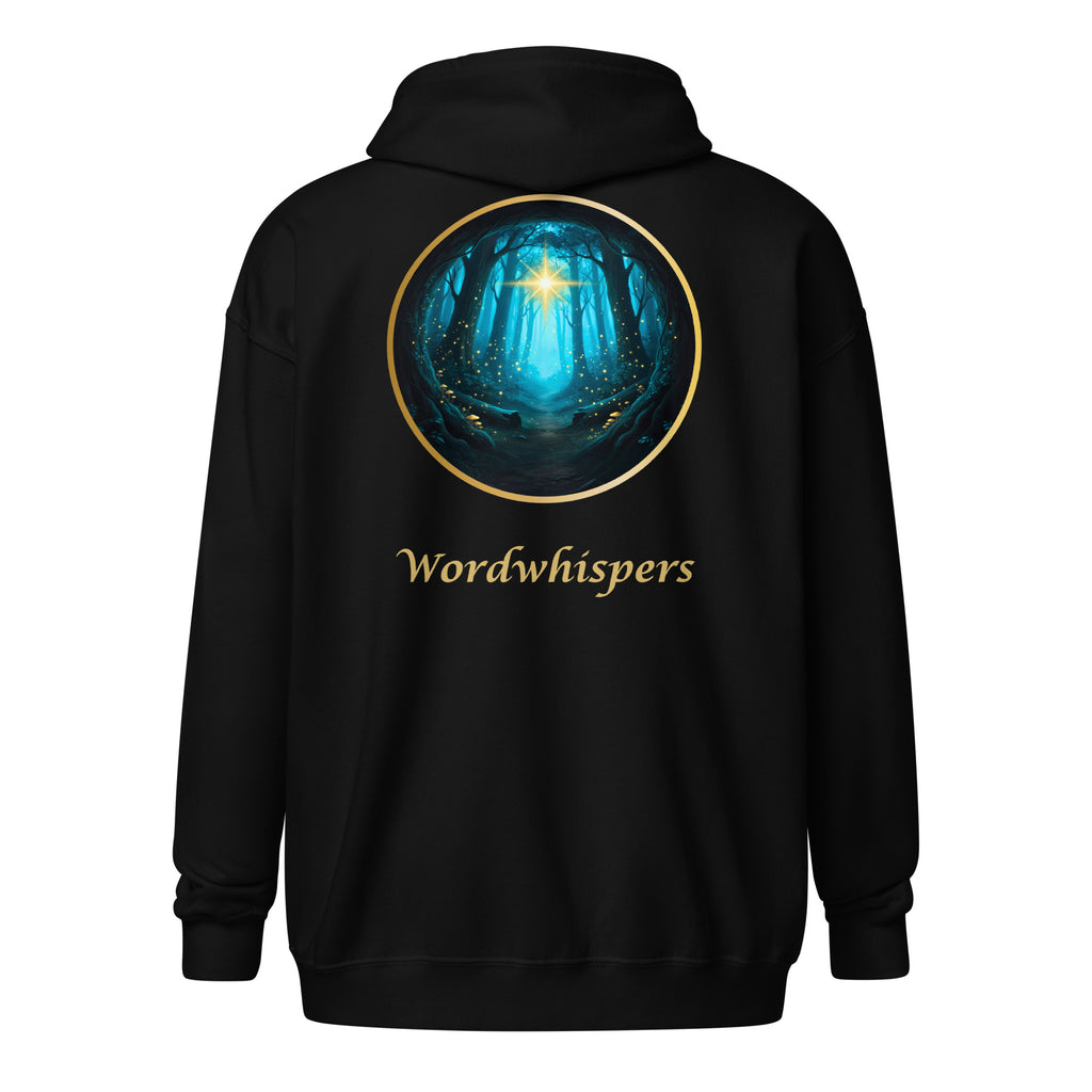 Book lover zip hoodie with glimmer of light design in black