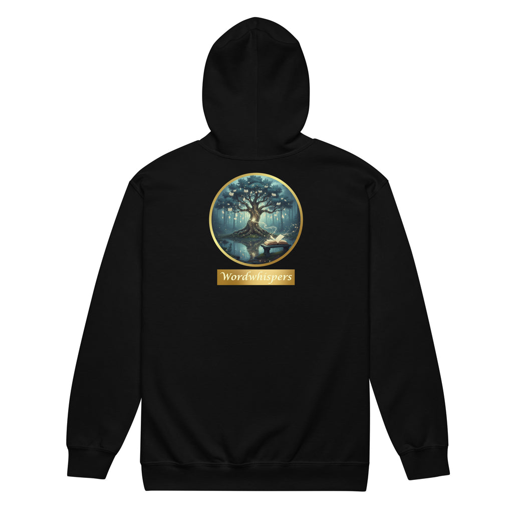  Back view of the Mystical Tree Zip Hoodie with circular tree and open-book artwork in black