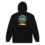  Back view of the Mystical Tree Zip Hoodie with circular tree and open-book artwork in black