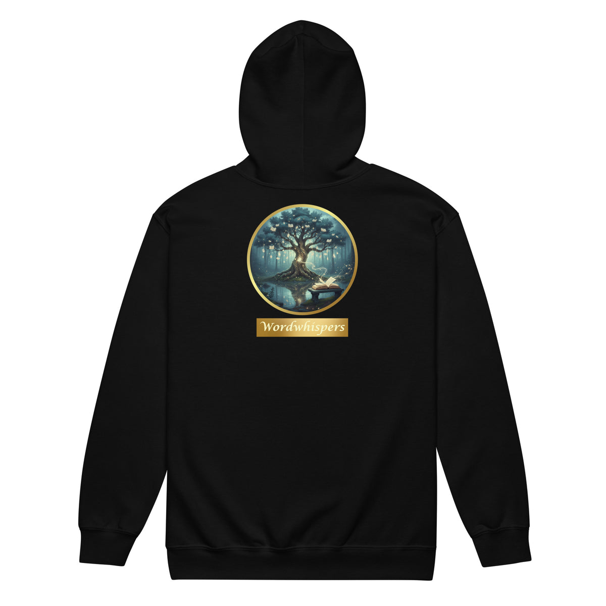 Back view of the Mystical Tree Zip Hoodie with circular tree and open-book artwork in black