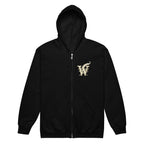 Front view of the Mystical Tree Zip Hoodie with a decorative W and quill emblem on the left chest in black