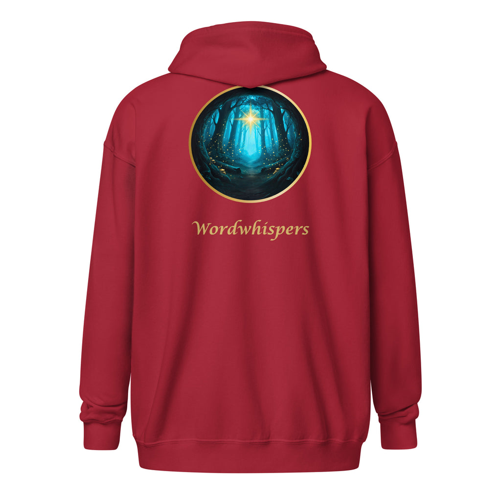 Glimmer of Light Zip Hoodie — unisex literary apparel by Wordwhispers, showing back with Glimmer emblem in cardinal red