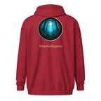 Glimmer of Light Zip Hoodie — unisex literary apparel by Wordwhispers, showing back with Glimmer emblem in cardinal red