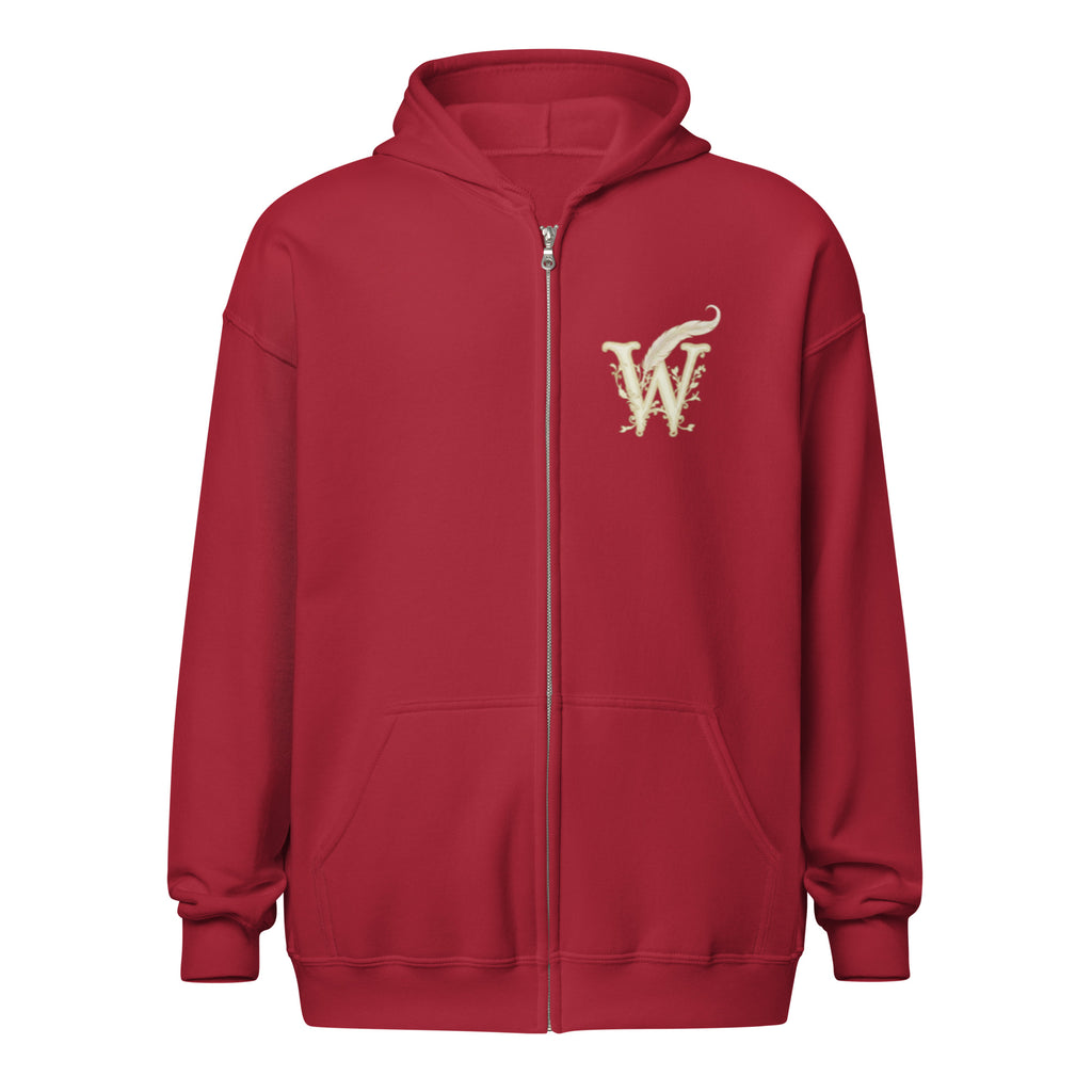 Glimmer of Light unisex literary zip hoodie, front view — soft fleece with Glimmer of Light design and full zip closure — cardinal red
