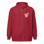 Glimmer of Light unisex literary zip hoodie, front view — soft fleece with Glimmer of Light design and full zip closure — cardinal red