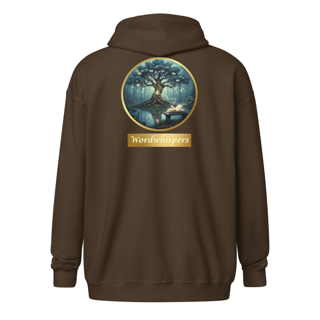Mystical Tree unisex literary zip hoodie — soft fleece with Mystical Tree design and full zip closure — dark chocolate, back view