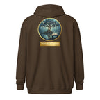 Mystical Tree unisex literary zip hoodie — soft fleece with Mystical Tree design and full zip closure — dark chocolate, back view