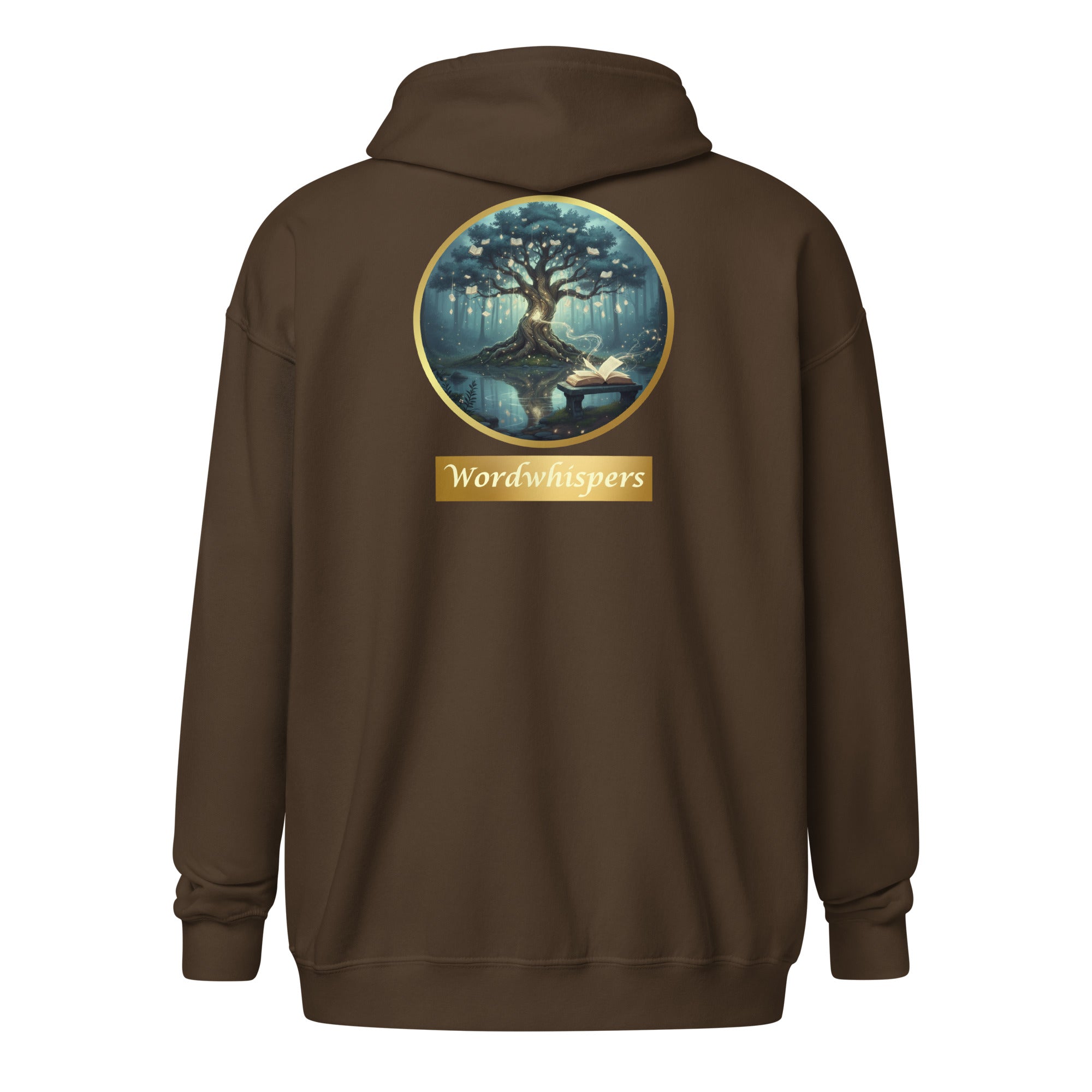 Mystical Tree unisex literary zip hoodie — soft fleece with Mystical Tree design and full zip closure — dark chocolate, back view