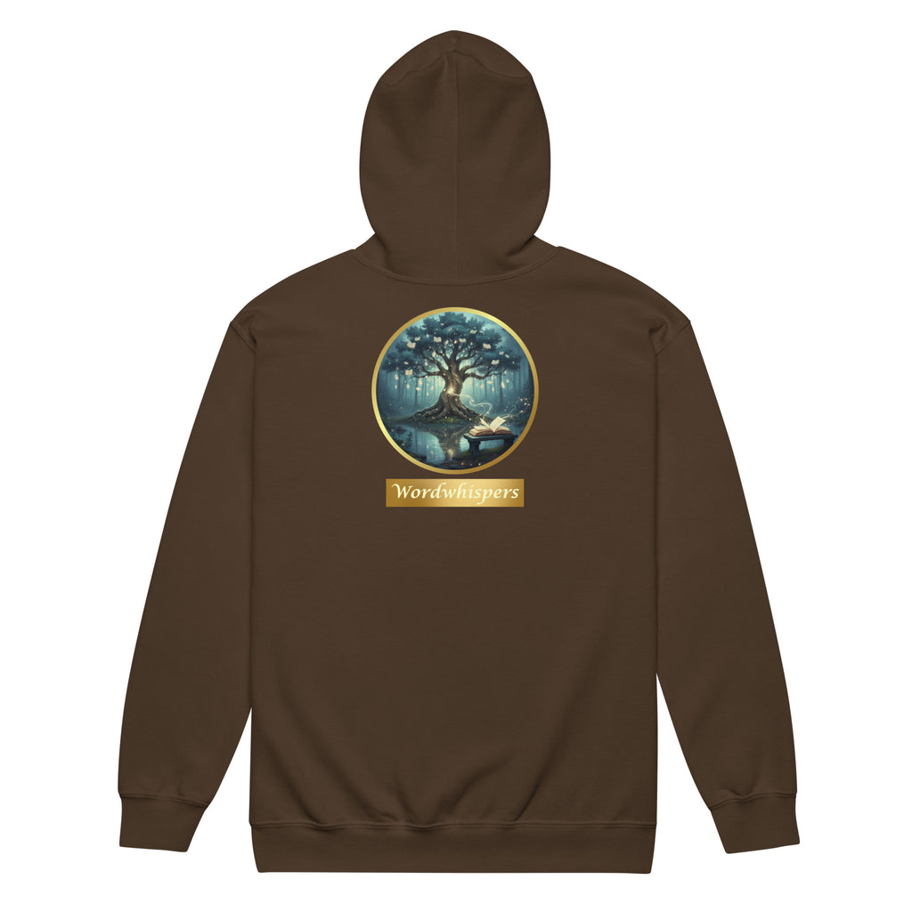  Back view of the Mystical Tree Zip Hoodie with circular tree and open-book artwork in brown