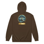  Back view of the Mystical Tree Zip Hoodie with circular tree and open-book artwork in brown