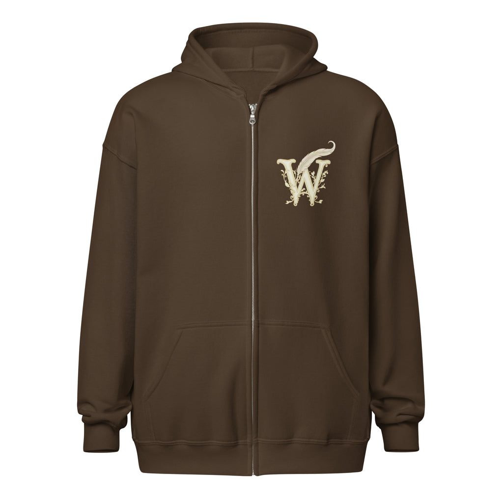 Mystical Tree unisex literary zip hoodie — soft fleece with Mystical Tree design and full zip closure — dark chocolate, front view