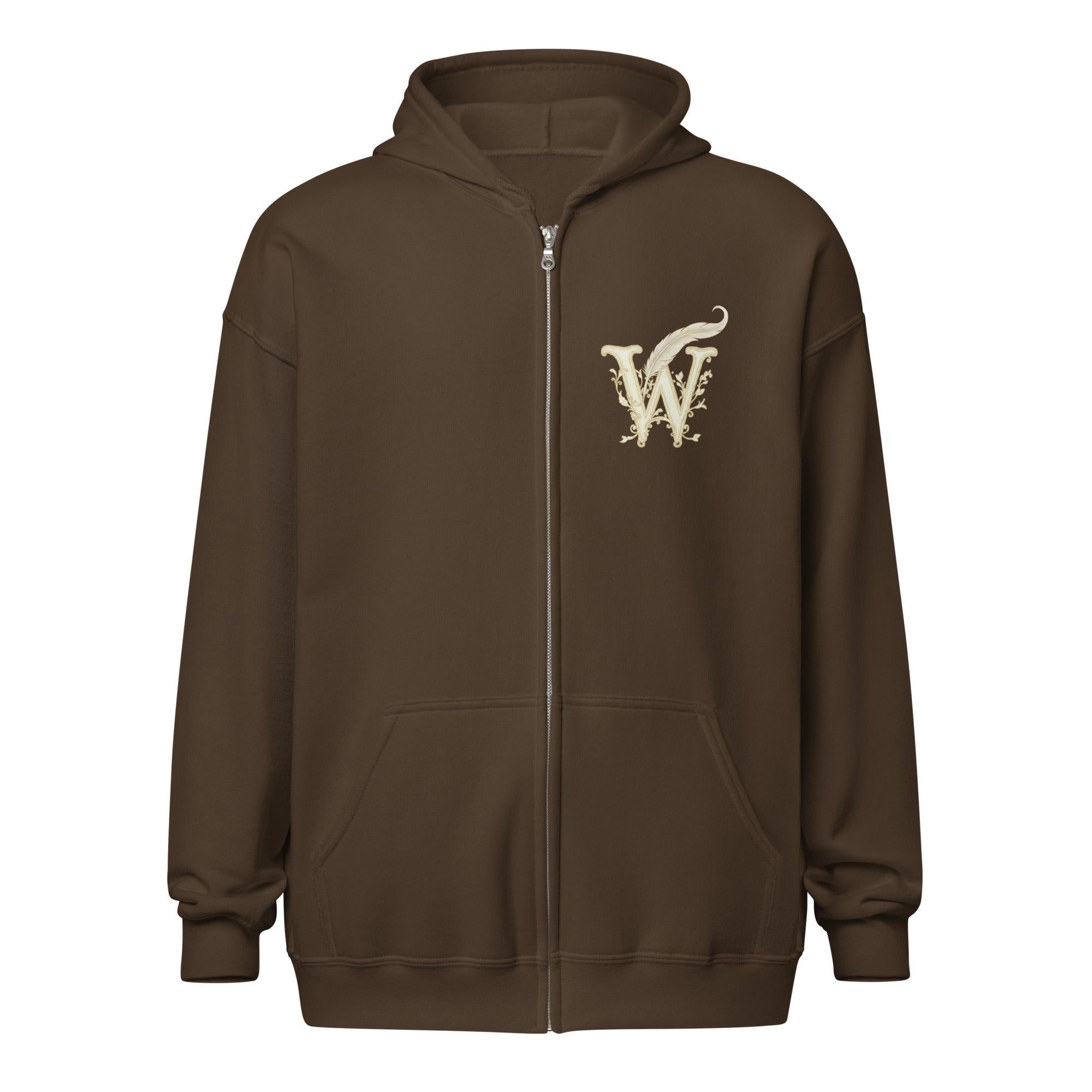 Mystical Tree unisex literary zip hoodie — soft fleece with Mystical Tree design and full zip closure — dark chocolate, front view