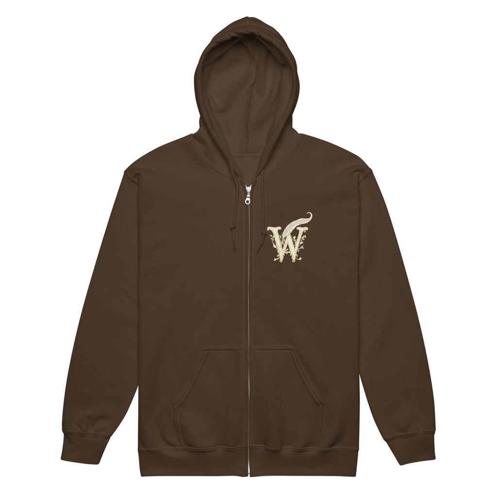 Front view of the Mystical Tree Zip Hoodie with a decorative W and quill emblem on the left chest in brown