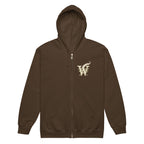 Front view of the Mystical Tree Zip Hoodie with a decorative W and quill emblem on the left chest in brown