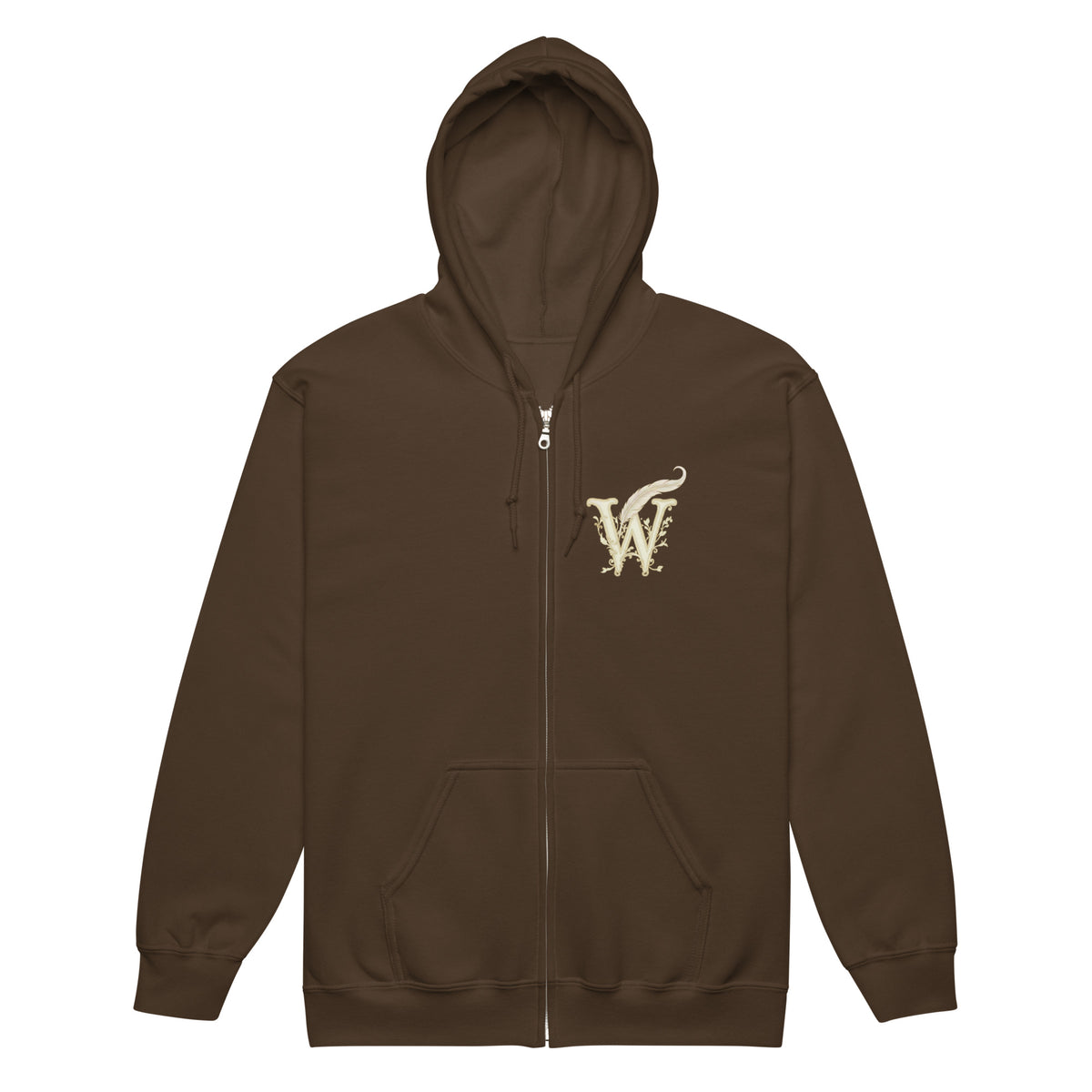 Front view of the Mystical Tree Zip Hoodie with a decorative W and quill emblem on the left chest in brown