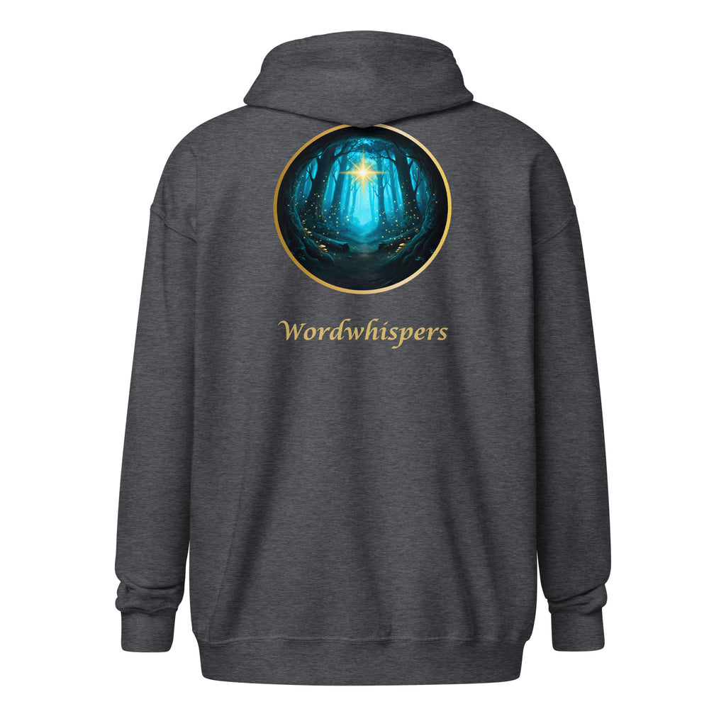 Glimmer of Light Zip Hoodie — unisex literary apparel by Wordwhispers, showing back with Glimmer emblem in dark heather
