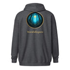 Glimmer of Light Zip Hoodie — unisex literary apparel by Wordwhispers, showing back with Glimmer emblem in dark heather