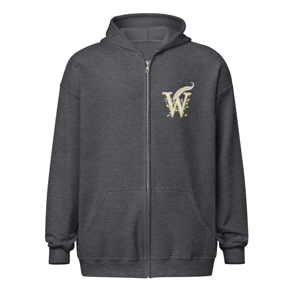 Glimmer of Light unisex literary zip hoodie, front view — soft fleece with Glimmer of Light design and full zip closure — dark heather