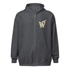 Glimmer of Light unisex literary zip hoodie, front view — soft fleece with Glimmer of Light design and full zip closure — dark heather