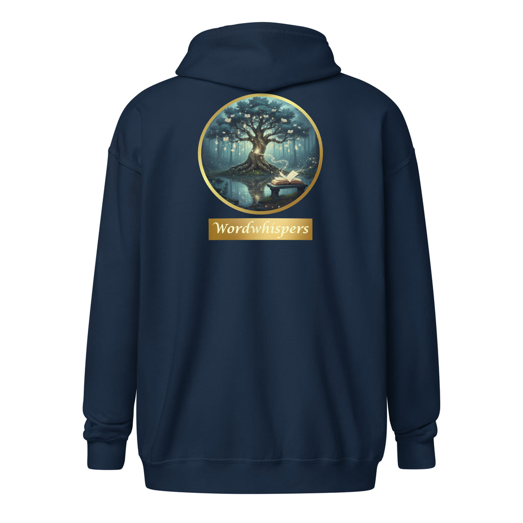 Mystical Tree unisex literary zip hoodie — soft fleece with Mystical Tree design and full zip closure — navy, back view