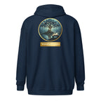 Mystical Tree unisex literary zip hoodie — soft fleece with Mystical Tree design and full zip closure — navy, back view