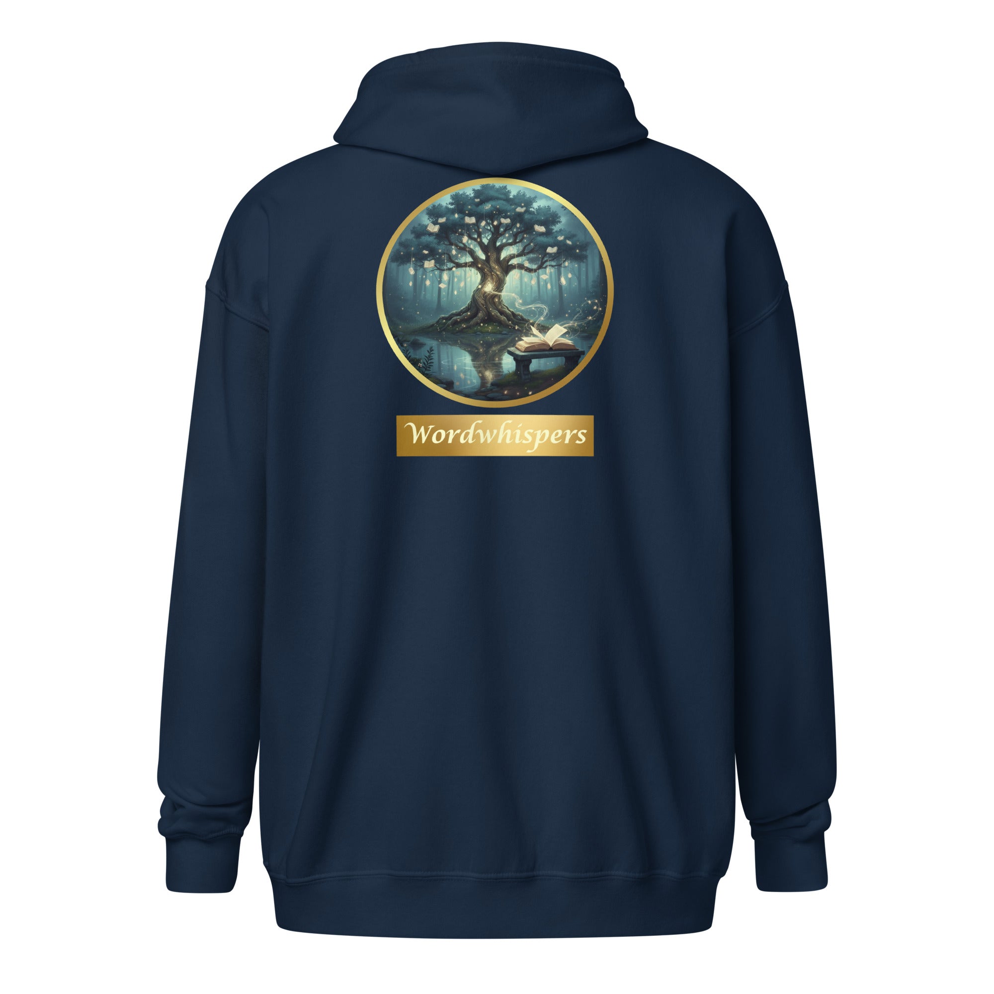 Mystical Tree unisex literary zip hoodie — soft fleece with Mystical Tree design and full zip closure — navy, back view