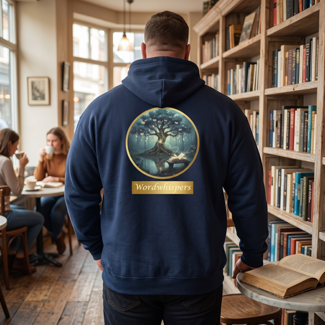 Mystical Tree unisex literary zip hoodie — lifestyle shot — navy, back view