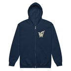 Front view of the Mystical Tree Zip Hoodie with a decorative W and quill emblem on the left chest in navy
