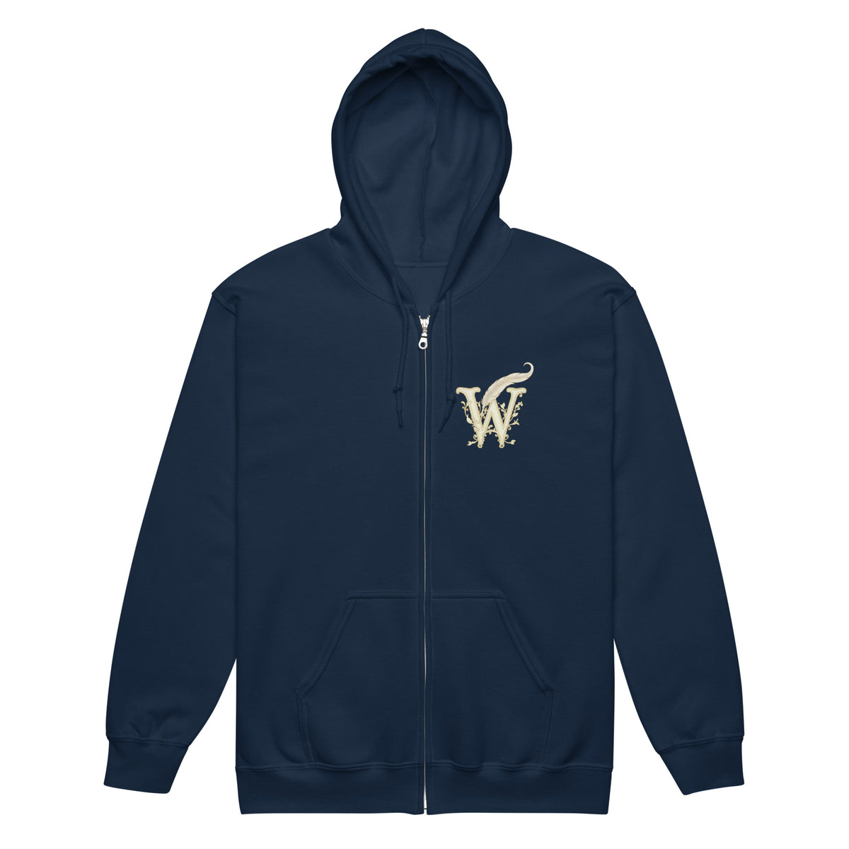 Front view of the Mystical Tree Zip Hoodie with a decorative W and quill emblem on the left chest in navy