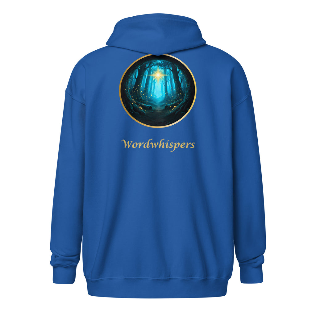 Glimmer of Light Zip Hoodie — unisex literary apparel by Wordwhispers, showing back with Glimmer emblem in royal
