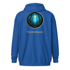 Glimmer of Light Zip Hoodie — unisex literary apparel by Wordwhispers, showing back with Glimmer emblem in royal